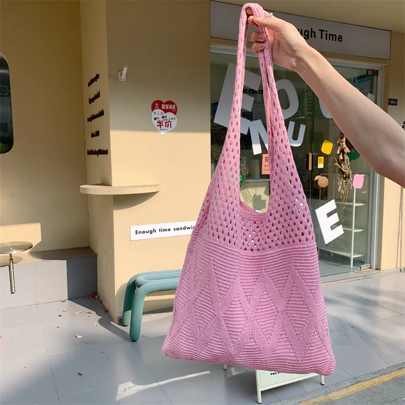 Casual Hollow Out Knitted Women Shoulder Bags Woolen Weave Large Capacity Tote Bag Summer Beach Bag Big Shopper Purses 2024