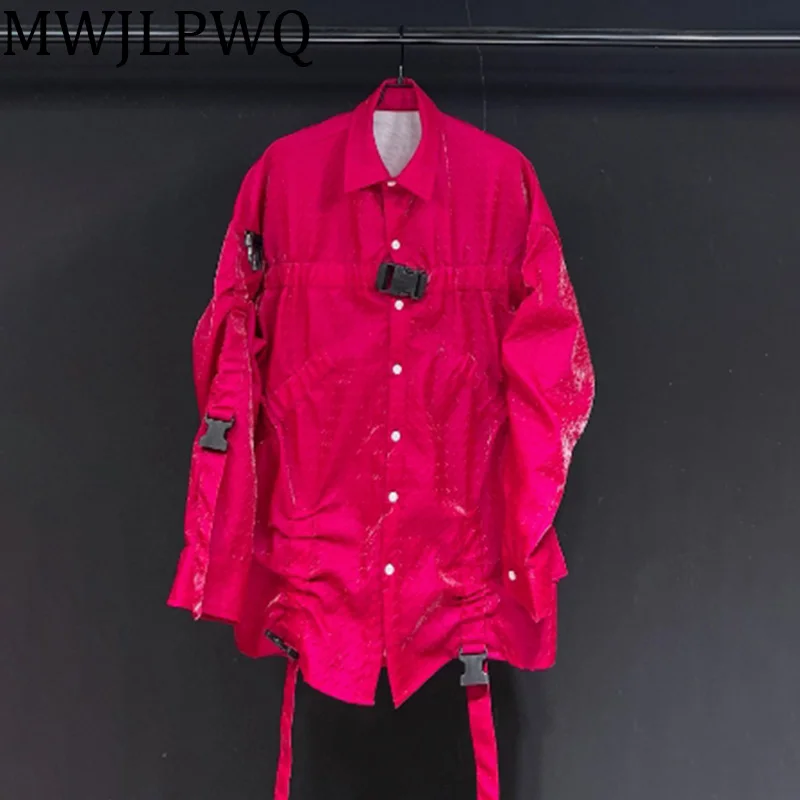 

MWJLPWQ Pleated Lace Up Men's Shirts Long Sleeve High Street 2025 New Autumn Lapel Niche Design Loose Casual Tops Trend 010631
