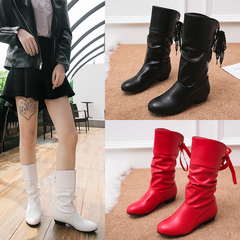 Plus Size 35-43 Women Mid Boots Back Lace Up Low Heels Winter Shoes Black Boot White Botas Mujer Female Snow Boot Red