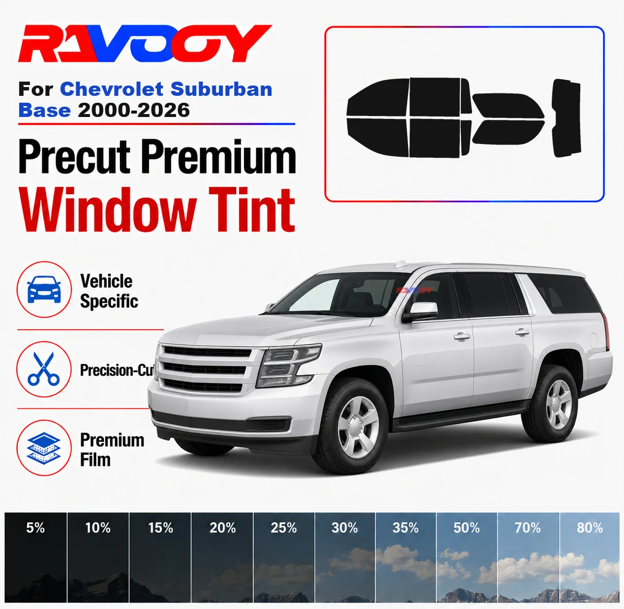 

Premium Precut Window Tint Kit Front Rear Windows For Chevrolet Suburban Base 2000-2026 Complete Set Car Solar Nano Ceramic Film