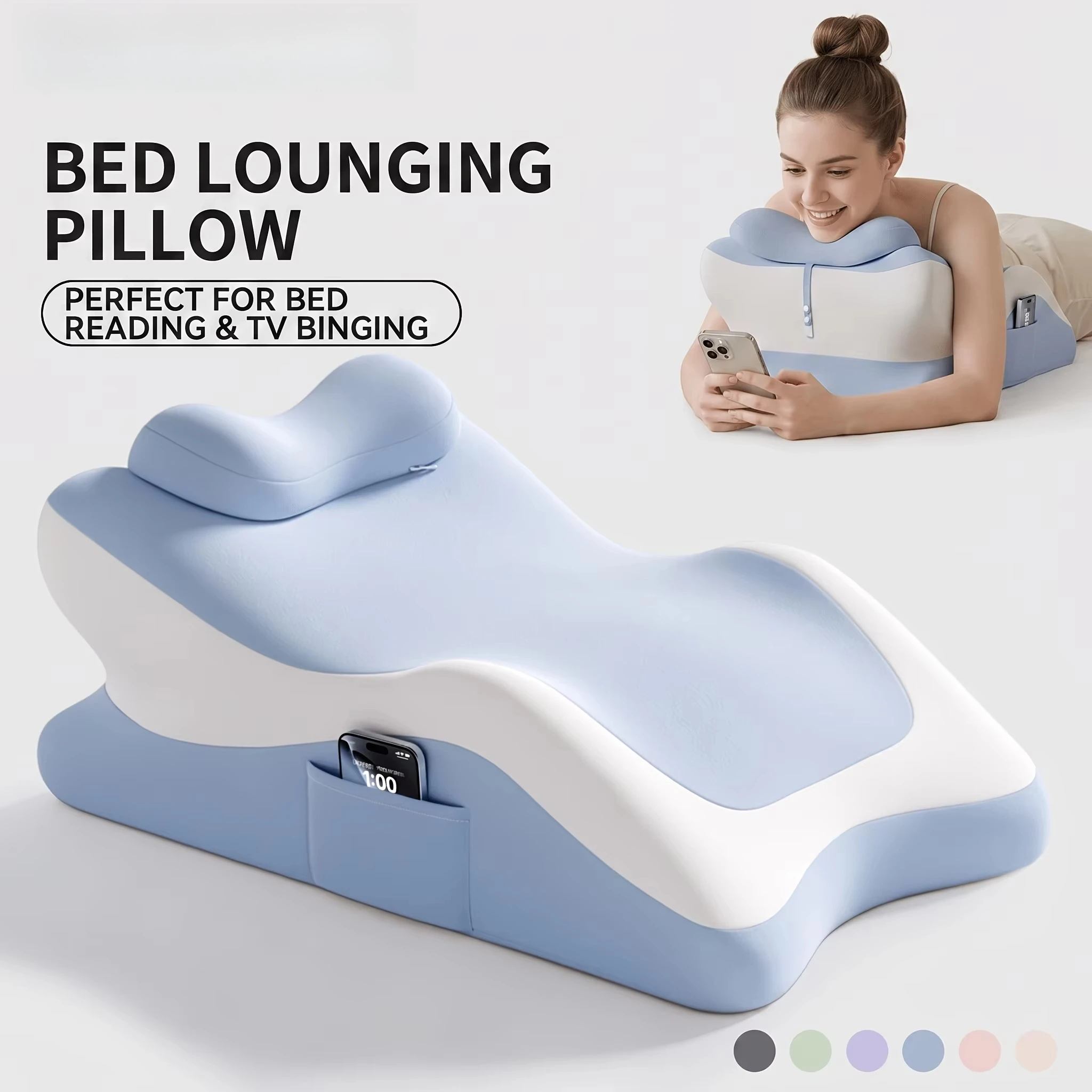 Multi-Position Reading Pillow for Adults, High-Density Memory Foam Wedge Backrest with Detachable Neck Roll and Side Pocket,