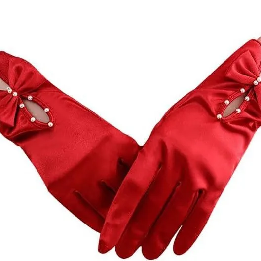 Elegant Bridal Satin Gloves Bow Pearl Decorated Short Elastic Gloves for Wedding Evening Party Accessories Women Photograph Prom