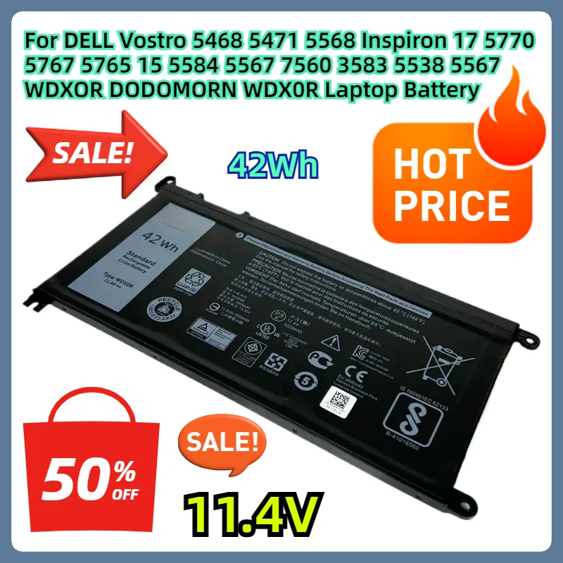 For DELL Vostro 5468 5471 5568 Inspiron 17 5770 5767 5765 15 5584 5567 7560 3583 5538 5567 WDXOR DODOMORN WDX0R Laptop Battery