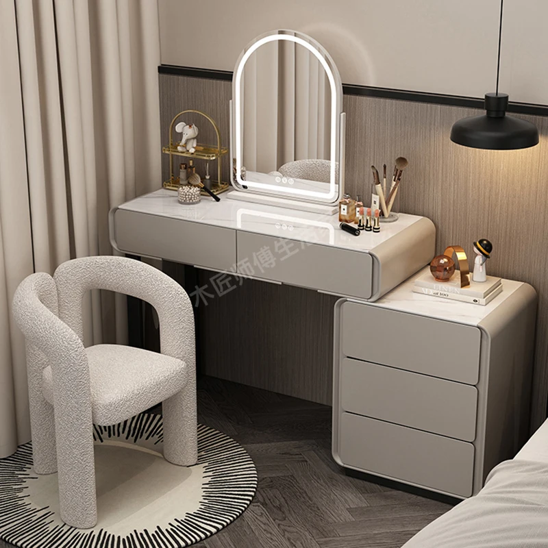 Minimalist Grey Vanity Table Luxury Mirror Simple Makeup Vanity Table Stylish Chair Tocador Maquillaje Con Luces Furniture