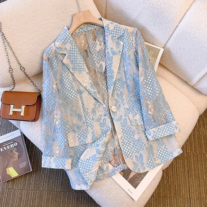 

2025 Spring Autumn New Women's Fashion Casual Loose Versatile Hollowed-out Lace Suit Jacket Blazers Female Cardigan