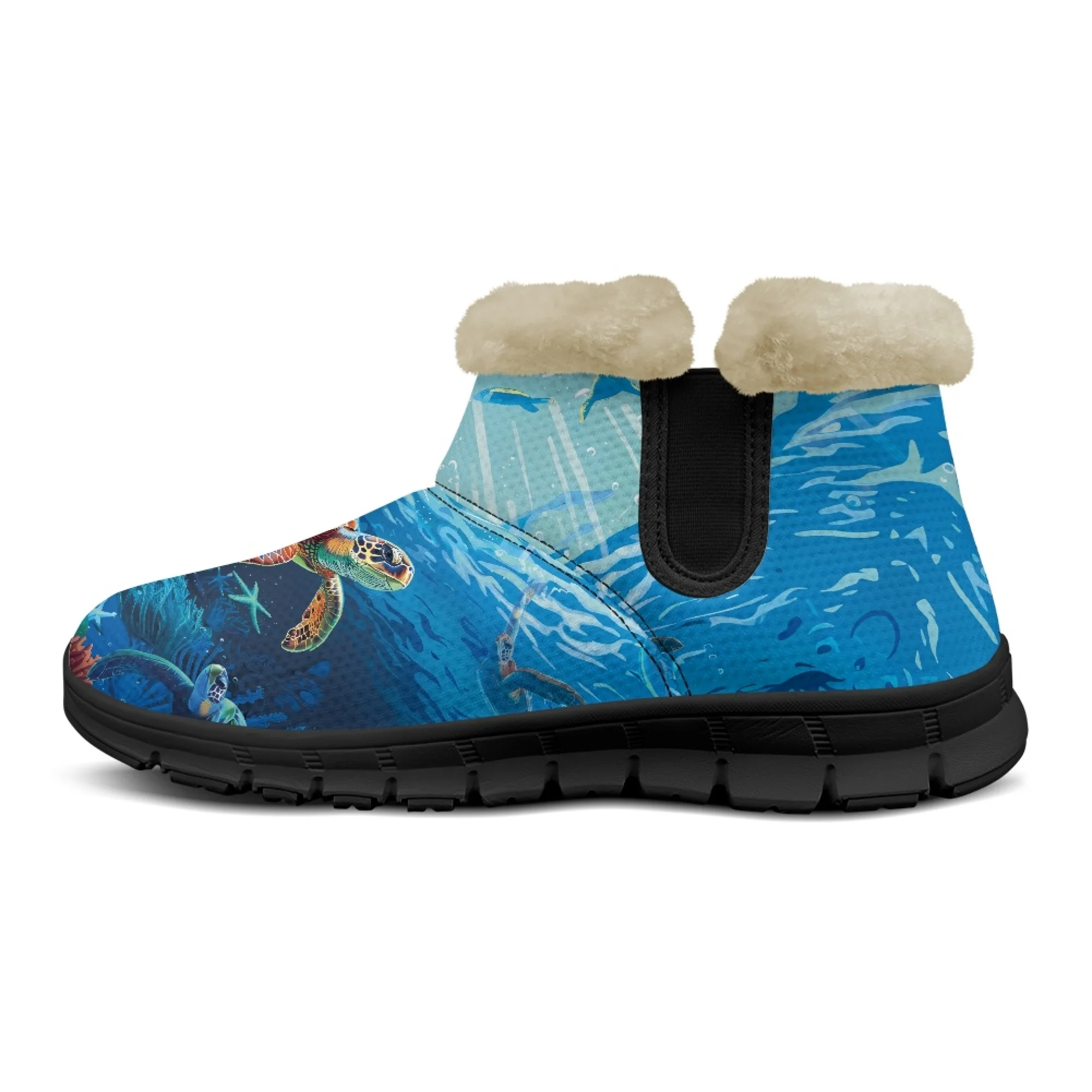 ELVISWORDS Blue Sea Print Turtle Pattern Winter Boots for Women Furry Ankle Boots New Short Plush Lady Comfort Casual Boots image 5