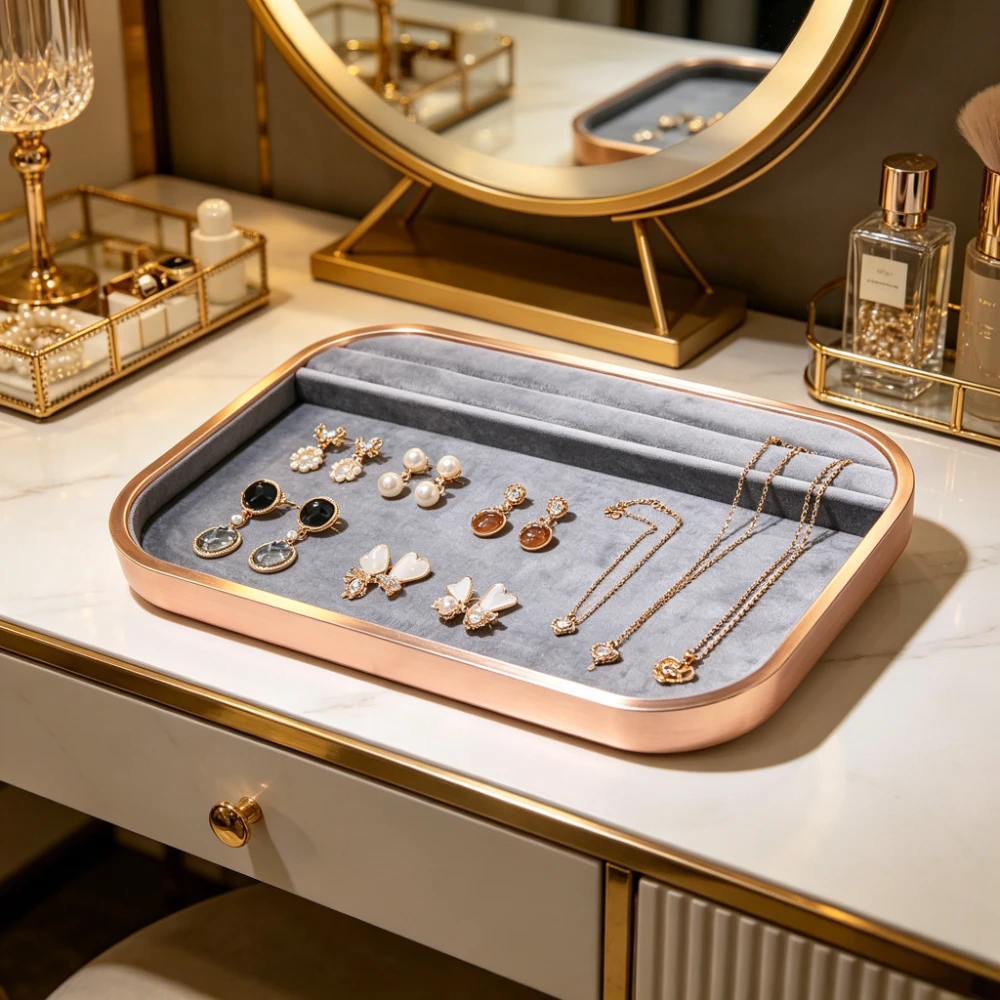 

Grey Velvet Luxury Metal Jewelry Display Tray, High Quality Microfibre Jewellery Storage for Necklace & Ring, Shop Props