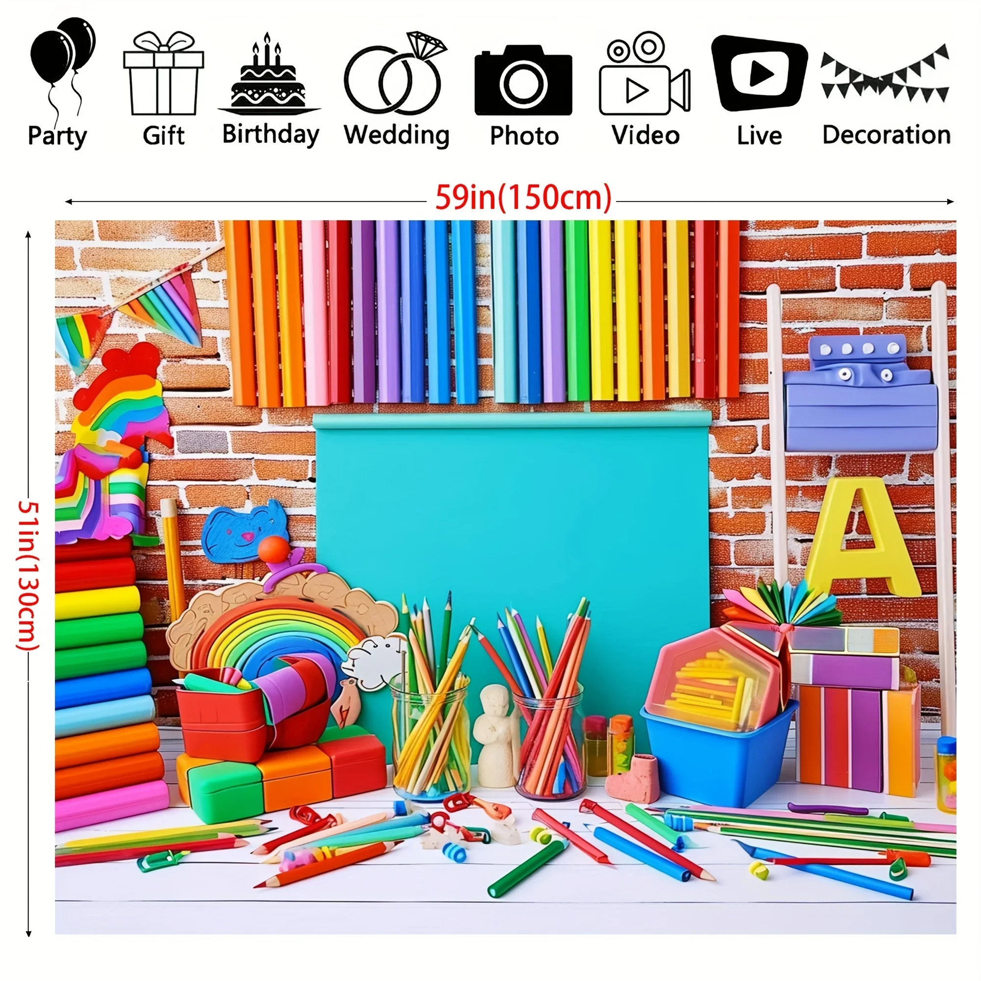 Red brick walls, colored letter classrooms, books, pencils, photo studios, background videos, party decorations