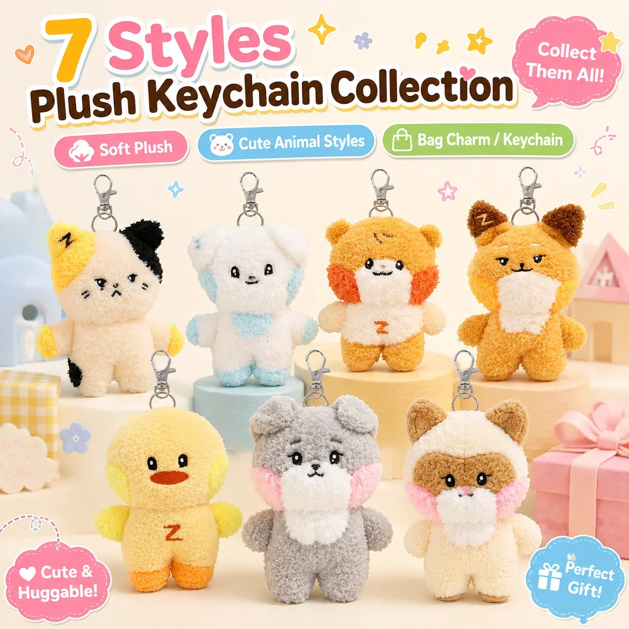 Lindo Set de Llaveros de Peluche de Animales, 7 Estilos, Suaves y Peludos: Gato, Perro, Oso, Pato, Zorro, Muñeco, Colgante para Bolso, Regalo para Niños, Versión en Inglés