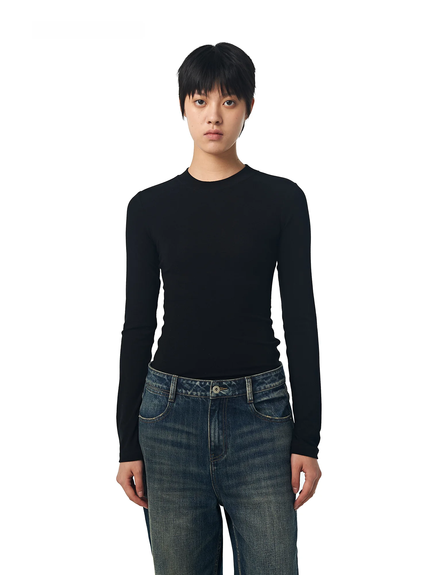 

EMM High Elastici Silk Wool Wide Ne Knitted Base Top Casual Sle Slim Fit Pure Color Long Sve round Ne T-irt for ...