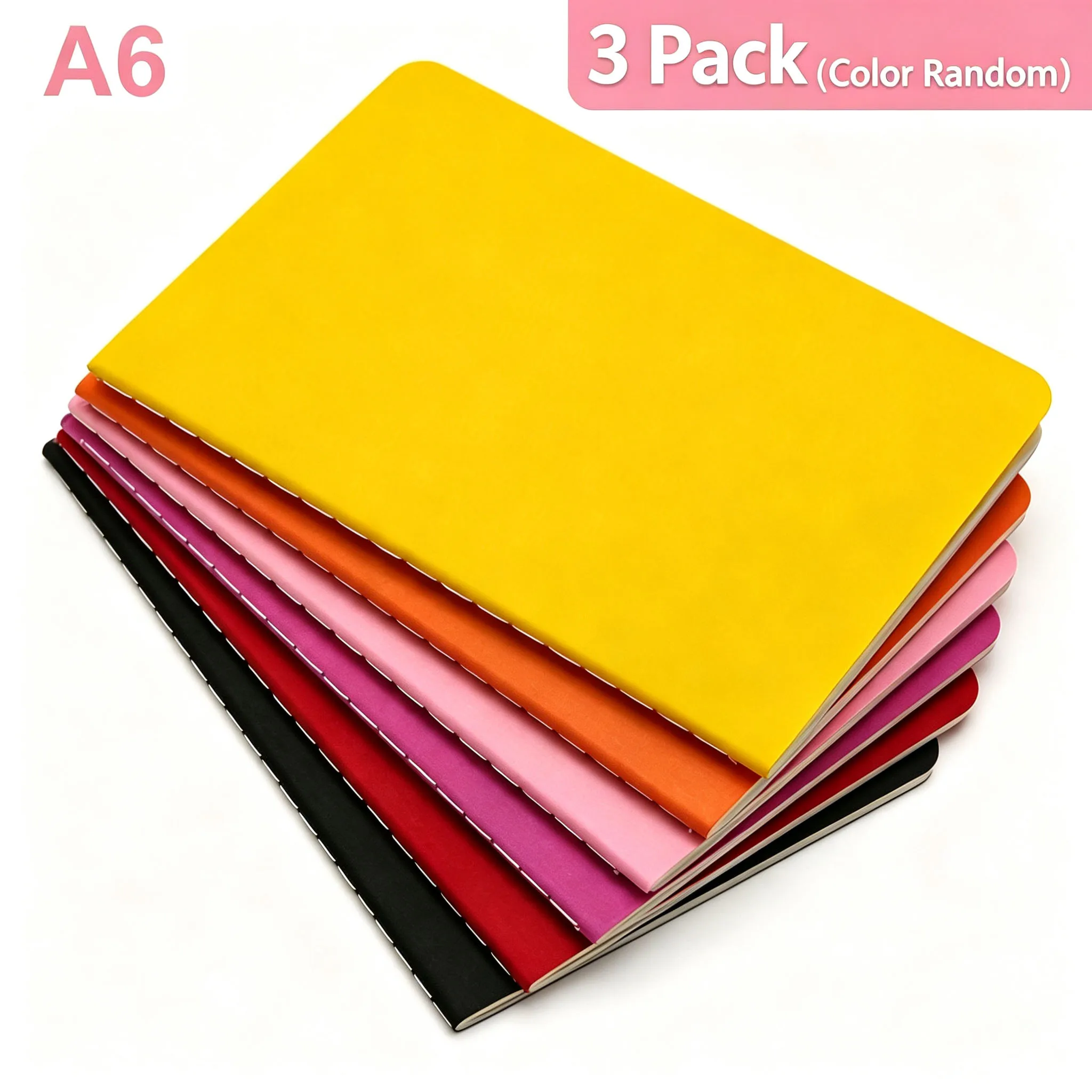 3Pcs A6 Portable Sewing-Binding Paper Cover Notebook 60 Lined Pages Pocket Memo Pad Color Random Diary Notepad for Office & Scho