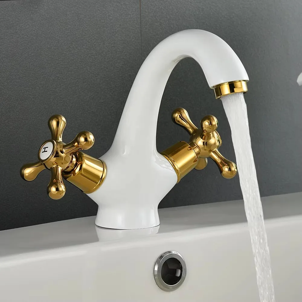 全銅塗装白蛇口シルバーダブルハンドル洗面器温水および冷水蛇口バスルームキャビネット洗面器シングルホール