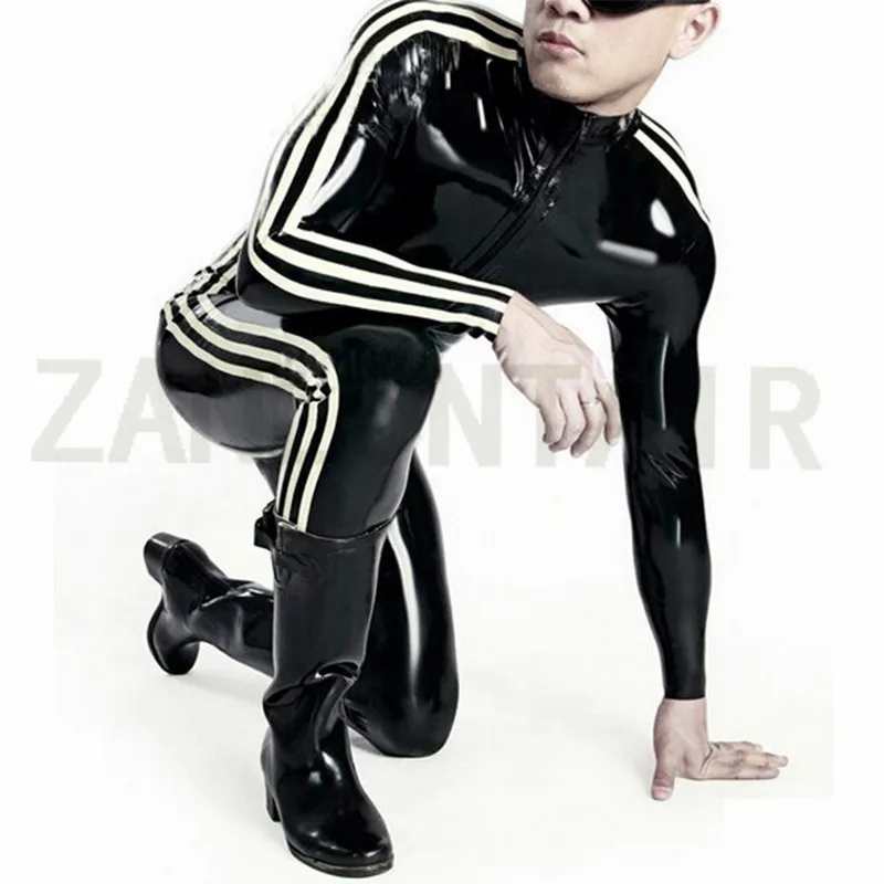 

Мужской спортивный дизайн, сексуальный индивидуальный заказ, ручная работа, полностью черный с белыми полосками, латексные базовые комбинезоны без капюшона, без носков, индивидуальный размер
