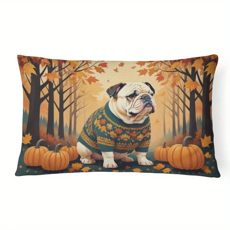 Fall Bulldog Pumpkin Lumbar Pillow Cover Suitable For Sofa Bedroom Car Pillow Cover Cushion Rectangular Back Cushion