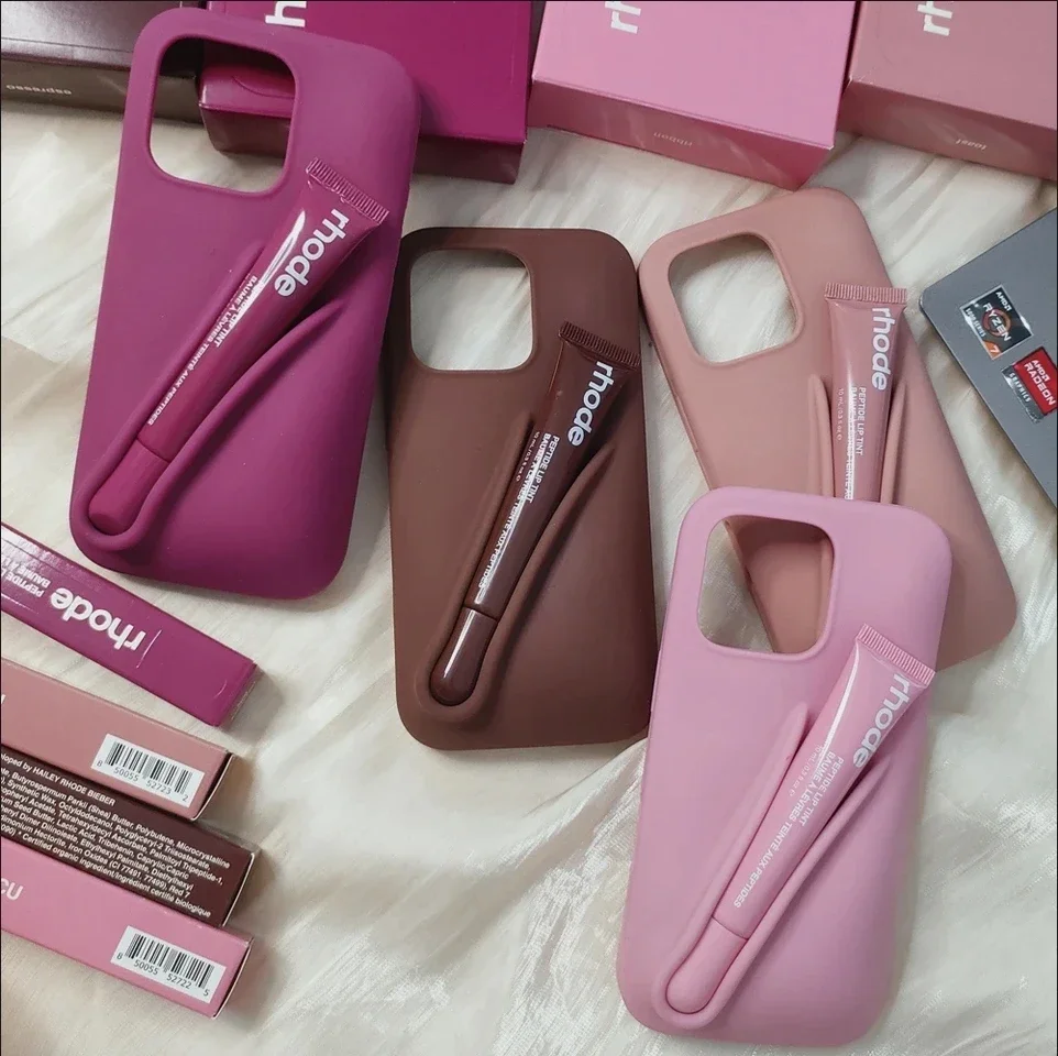 INS America Hot Lipstick Holder Silicone Phone Case for IPhone 16 15 14 13 12 11 Pro Max Plus for Rhode Portable Lip Gloss Cover