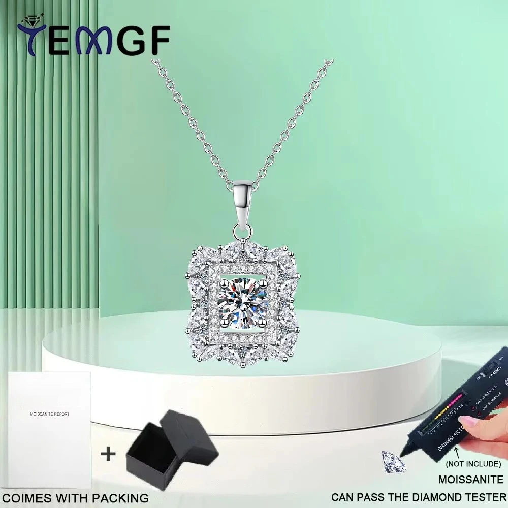 

TEMGF 100% 925 Sterling Silver Necklace for Women 6.5mm Moissanite Unique Photo Frame Design Pendant Neck Sparkling Fine Jewelry
