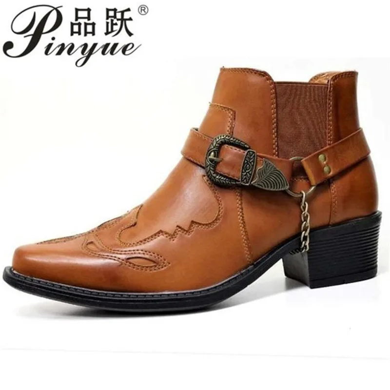 Designer Leather Men Ankle Boots Chelsea Boots Thick Heel Pointed Metal Decoration Belt Buckle Boots Cowboy Shoes boots 38 48