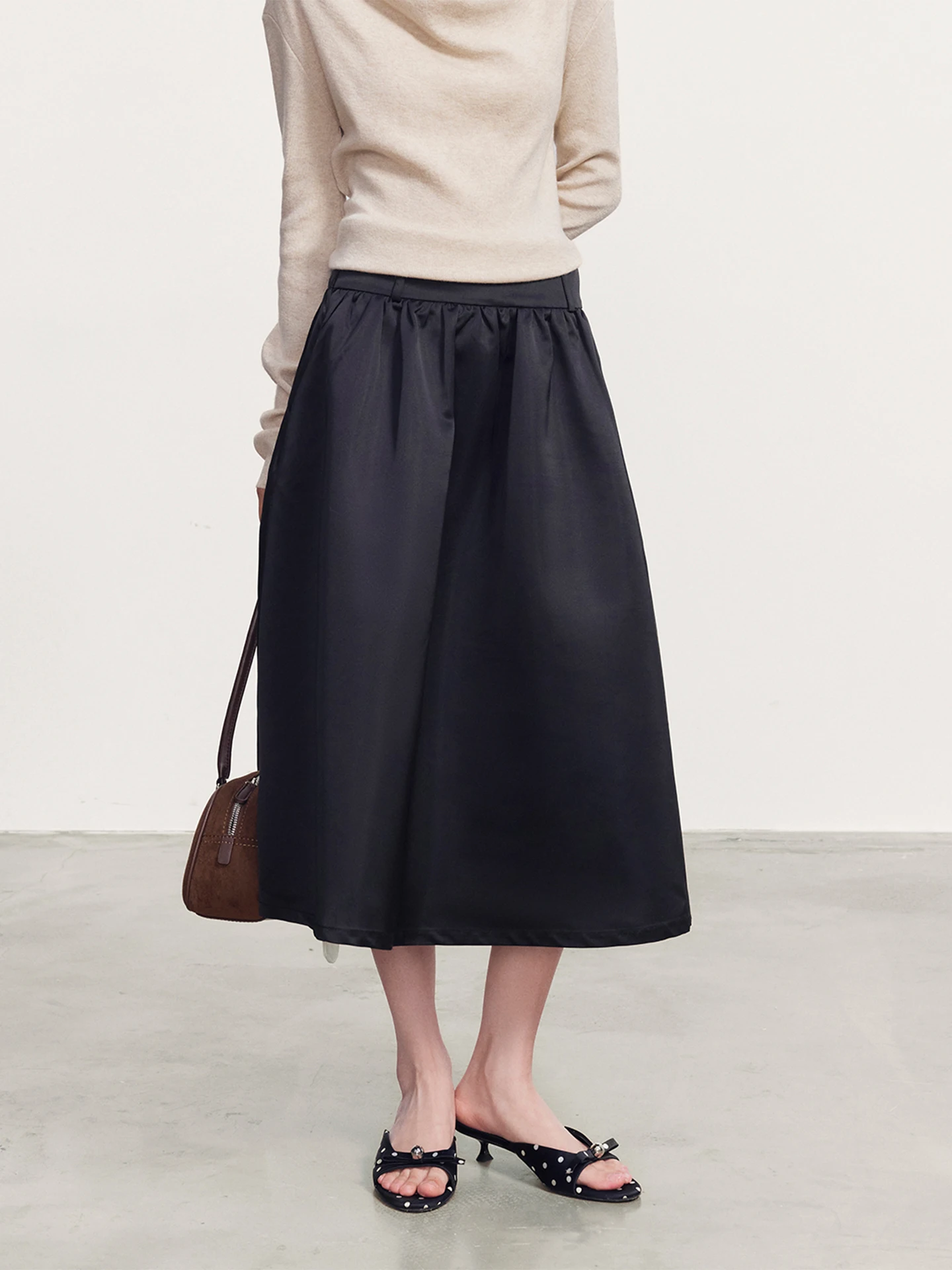 High Waist Satin A-Line  Skirt Black Women's Spring Casual Pure Color Skater Skirt Cream Kitten Evening Light Series