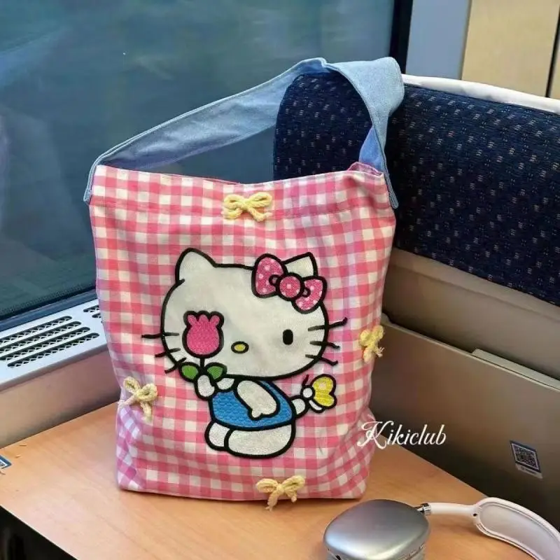 Kawaii Sanrio Hello Kitty torebka Anime urocza kreskówka różowa krata damska przenośna torba pod pachę z płócienną torbą o dużej pojemności