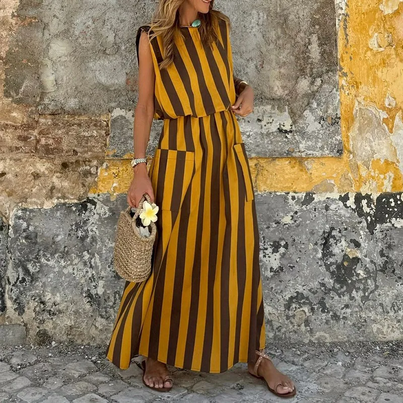 Ladies Beach Fashion Striped Print Sleeveless Polyester Spandex Saida De Praia 2025 Summer Dress Kaftan Cover Up Women's Pareo