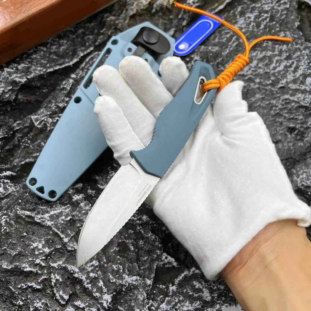

Outdoor BM-18050 Fixed Blade Knife CPM-MagnaCut 2.7" Stone wash Blue TPV Handle Survival Hunting Hiking Knife