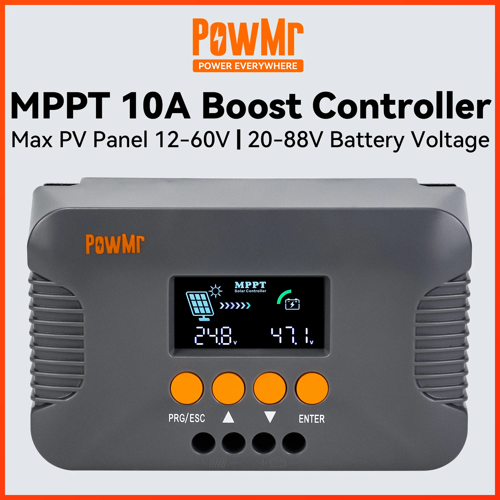 

PowMr Booster MPPT Solar Charge Controller 10A for 24V 36V 48V 60V 72V Battery Step Up Solar Controller 20-88V Boost Voltage