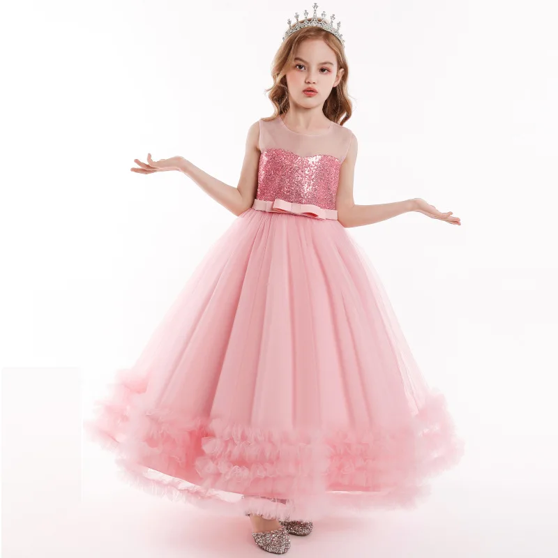 Lace girl wedding dress elegant princess party beauty pageant dress dress sleeveless girl dress sequined gauze dress