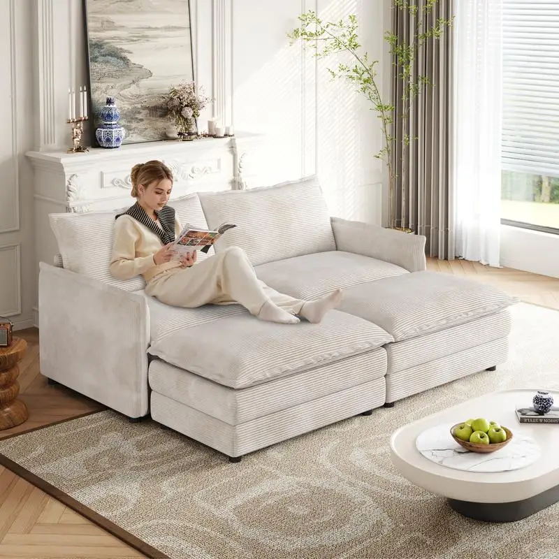 

Oversized Corduroy 2-Seater Cloud Sofa with 2 Movable Footrests, Deep-Seat Recliner, Upholstered Large Sofa with Cushions for