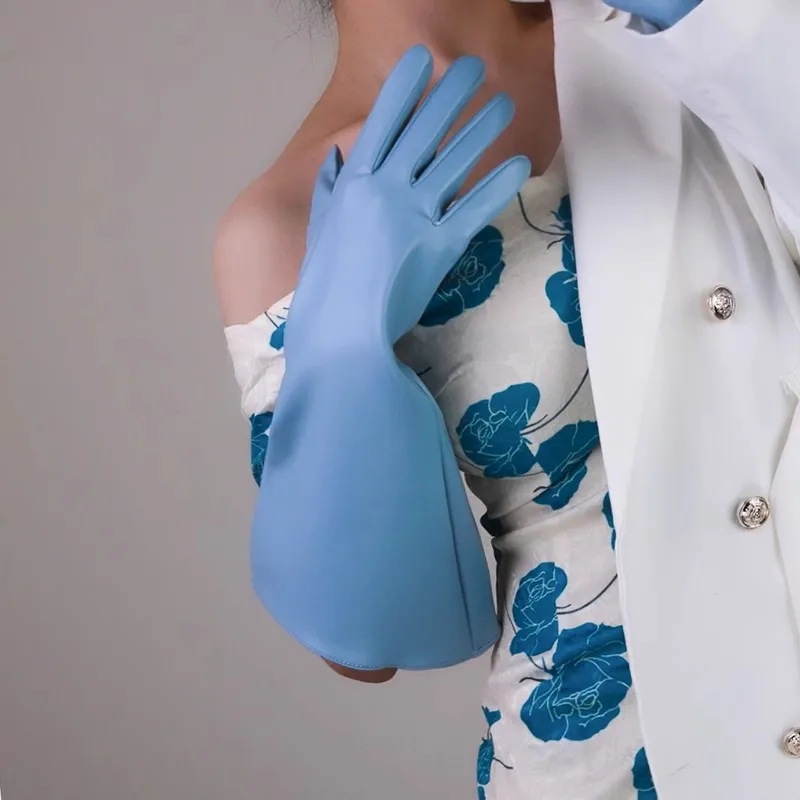 Women's Fashion Light Blue PU Leather Wide Sleeve Long Glove Lady's Club Performance Formal Party Dancing Glove 38cm R1316