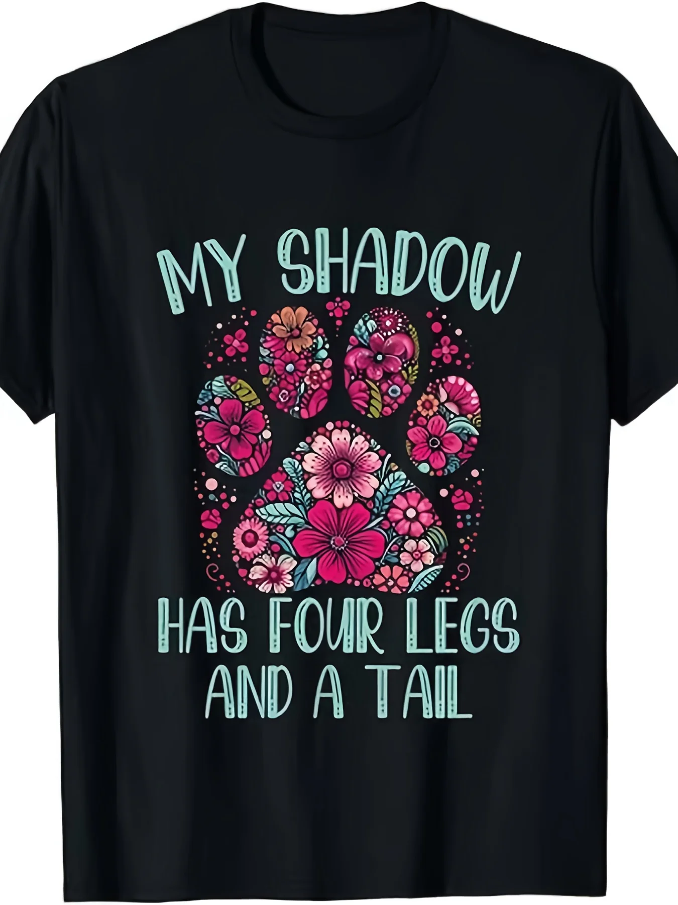Floral Paw Print Shadow Dog Lover Graphic Tee Unisex Cotton Crew Neck T-Shirt Casual