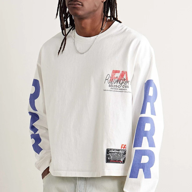 25SS خمر الأبيض RRR123 قاعدة تي شيرت الرجال النساء شارع العليا المتضخم الرسومات طباعة RRR 123 طويلة الأكمام تي شيرت بلايز العلامات