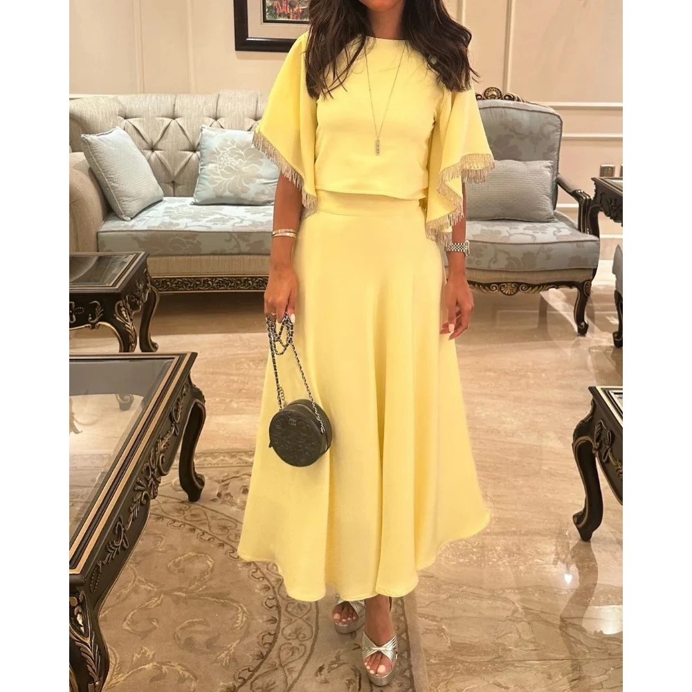 

Yellow Elegant Evening Dress O-Neck Half Sleeves Tassel Jersey Evening Gowns Ankle Length A Line Formal Party Dresses Customized