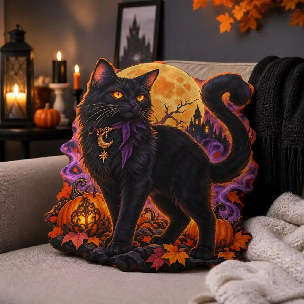 Black Cat Halloween Shaped Pillow Gothic Moon Cushion Stuffed Throw Pillow Witchy Pumpkin Autumn Sofa Living Room Decor Gift