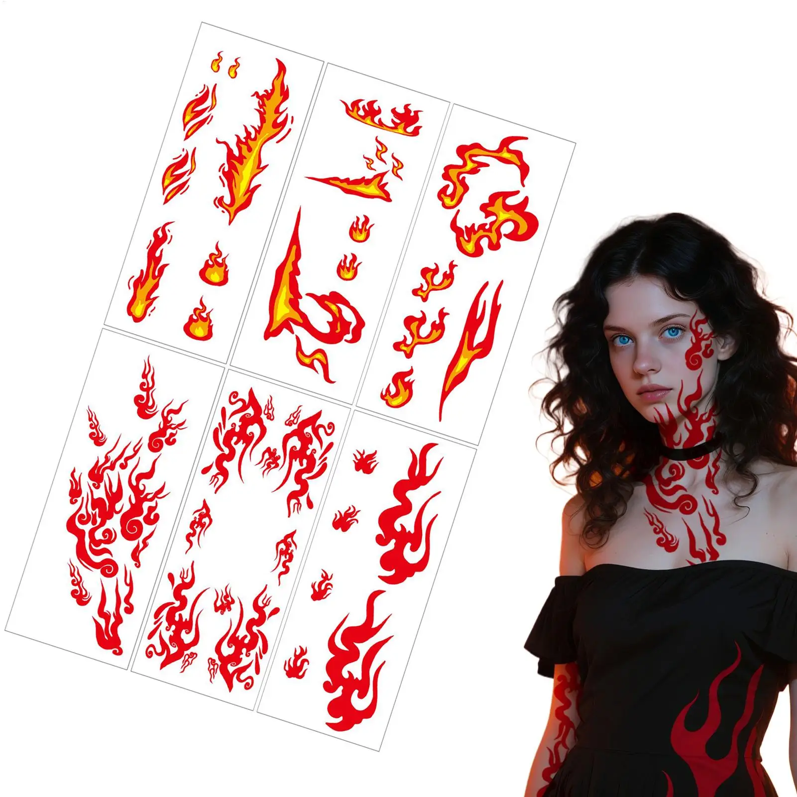 6-Sheet Flame Temporary Stickers Adult Waterproof Realistic flame tattoo stickers Adult Women for Children Teens Holiday