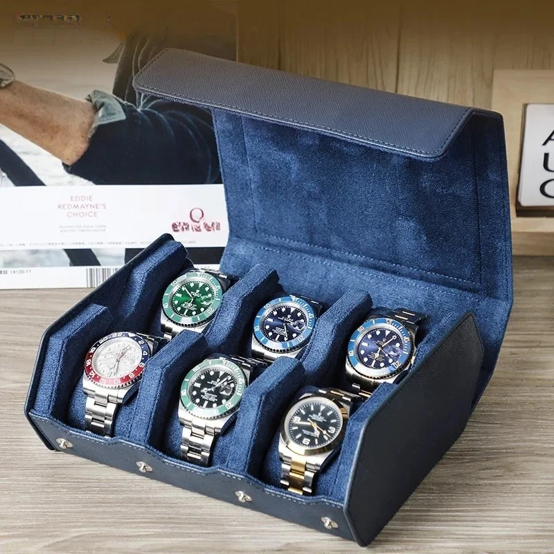 OEM Classic Cross Pattern Cowhide Trendy Mechanical Watch Case Storage 6 Slot Anti Drop Portable Leather Box Customizable Logo