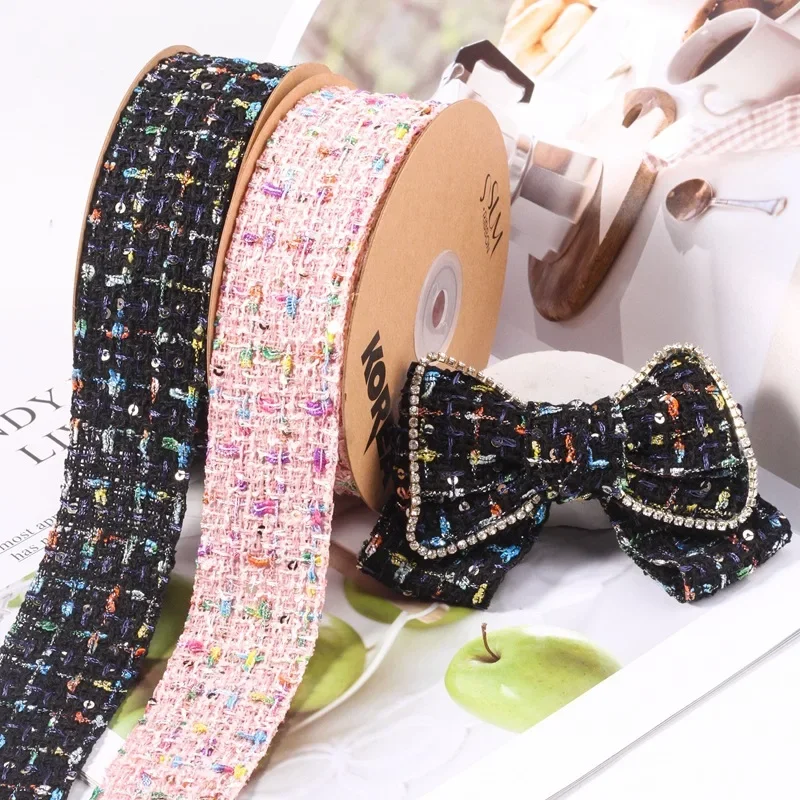 Linen Woven Tweed Sequin Ribbon for Handmade Bowknot Hair Crafts Material Christmas Decoration Gift Wrapping Cloth Tape 38mm