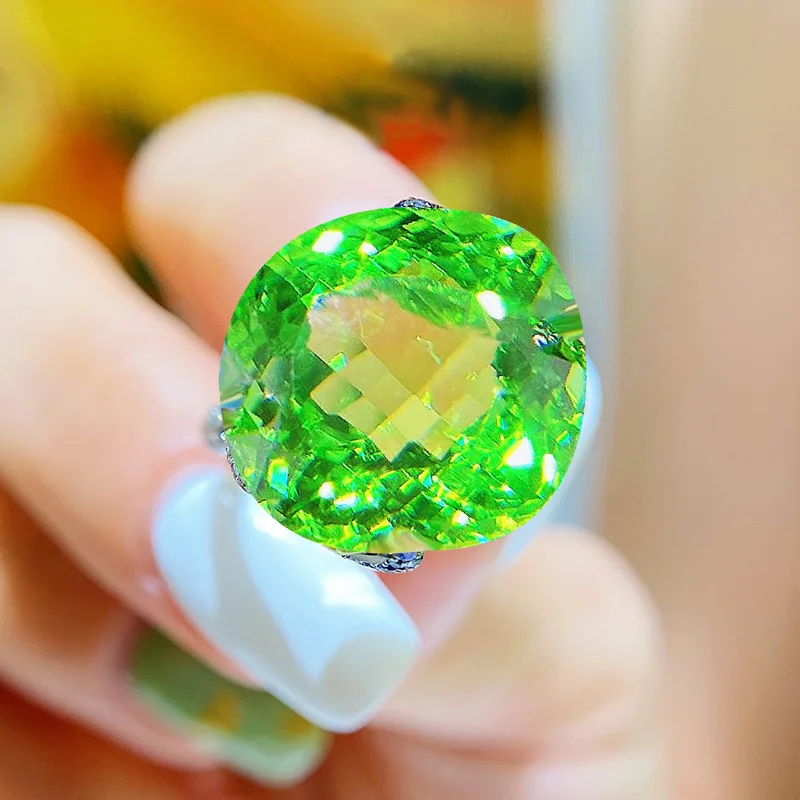 New Luxury Large Carat Bright Green Simulated Tourmaline Rings Women\'s Engagement Color Treasure Open Adjustable Ring For Women