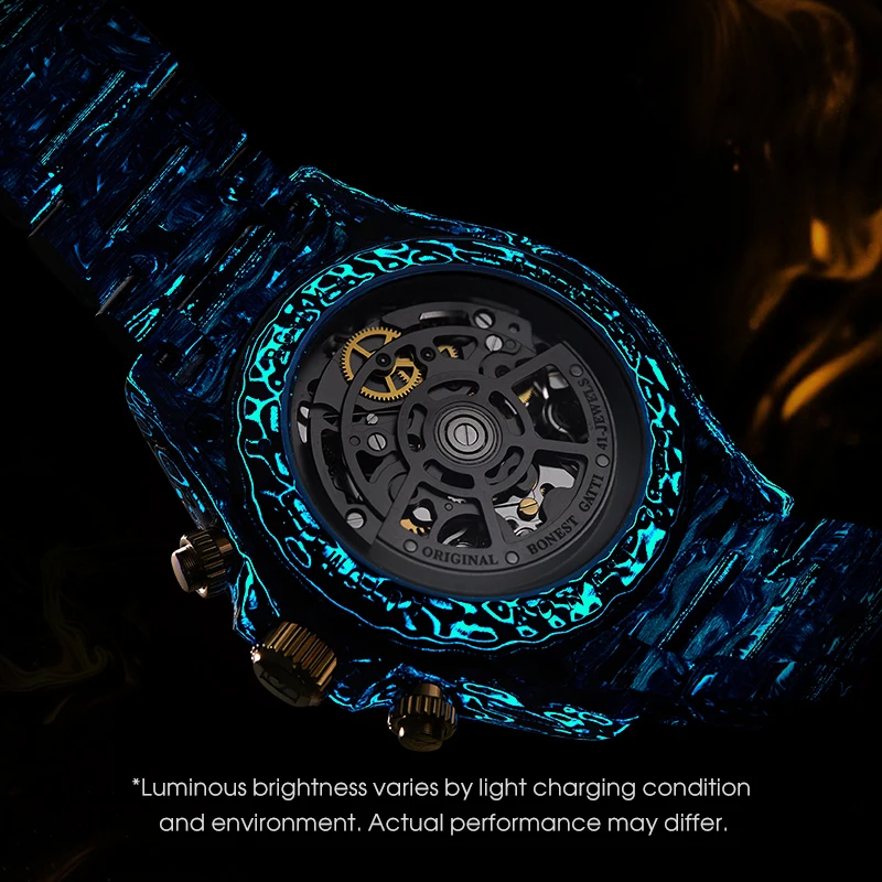 BONEST GATTI BG9014 Luxury Skeleton Automatic Mechanical Watch Carbon Fiber Band Chronograph Sports Business Mens Wristwatch