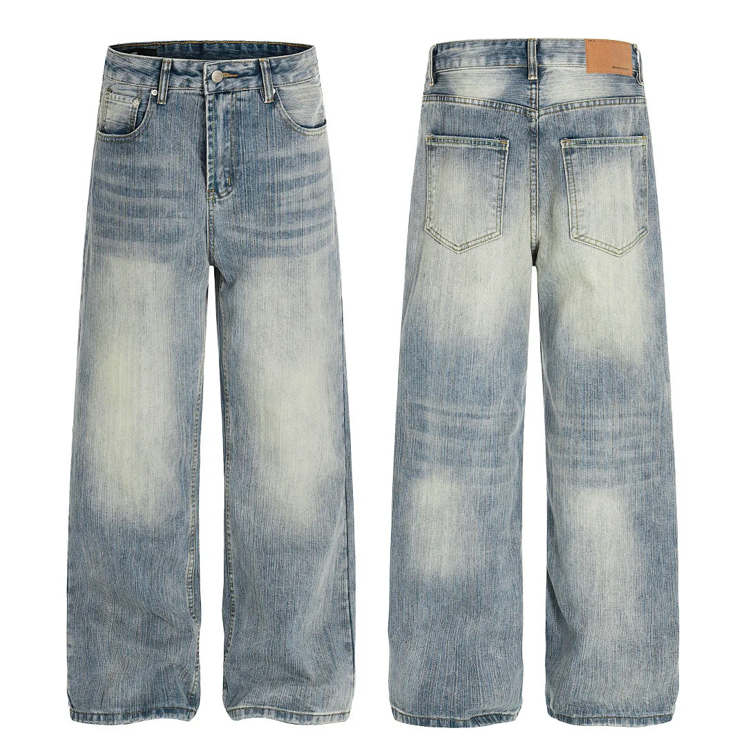 

High-street Loose-fit Gradient Washed Distressed Crinkle Basic Straight-leg Casual Denim Jeans for Men Streetwear Long Trousers