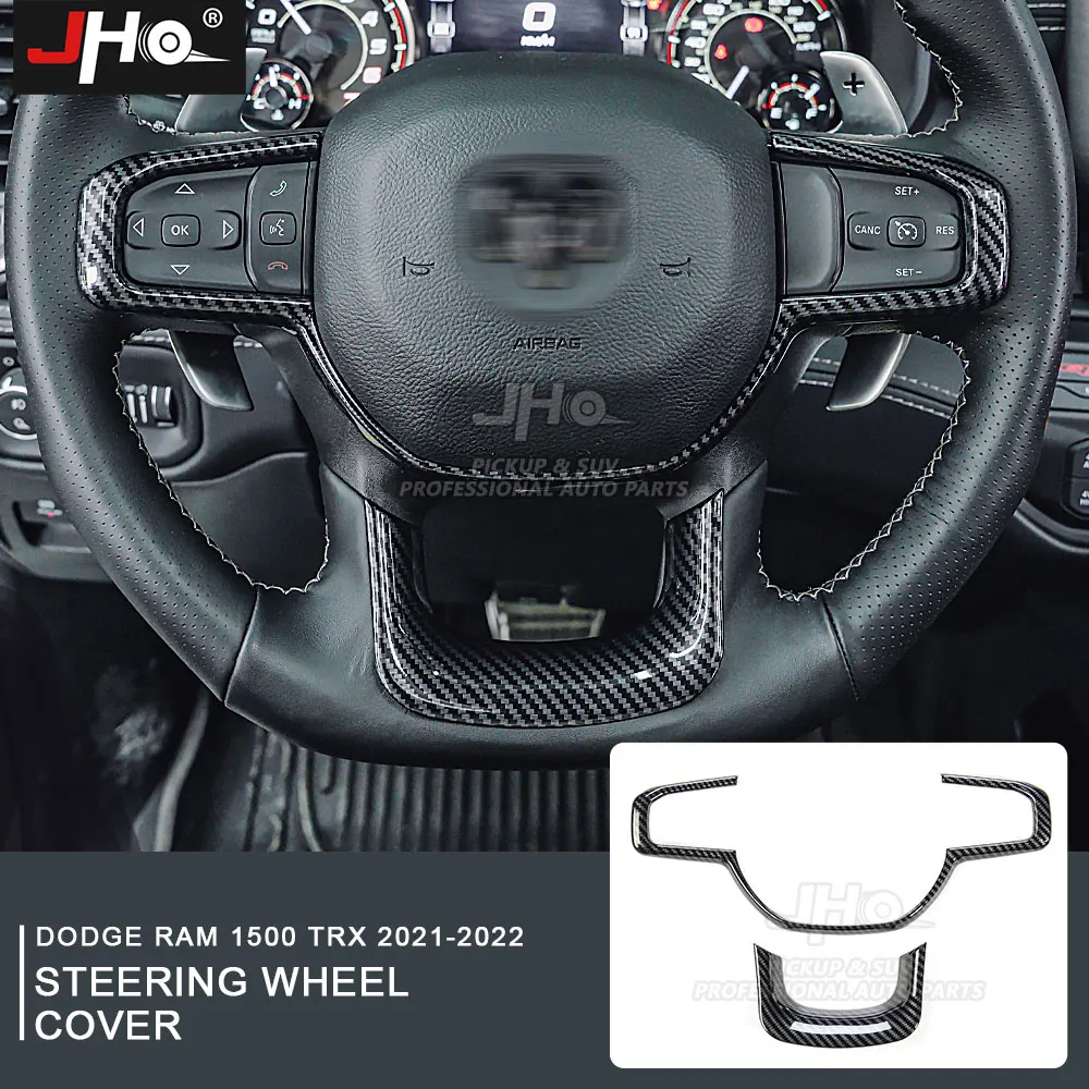 JHO ABS Carbon Grain Steering Wheel Frame Overlay Cover Decorate Trim for Dodge Ram 1500 TRX 2021 2022 Car Accessories