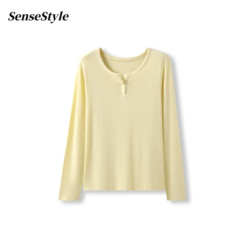 

Women Wool Lyocell T-shirt Spring Autumn Soft V-neck Long Sleeve Basic Bottoming Tops