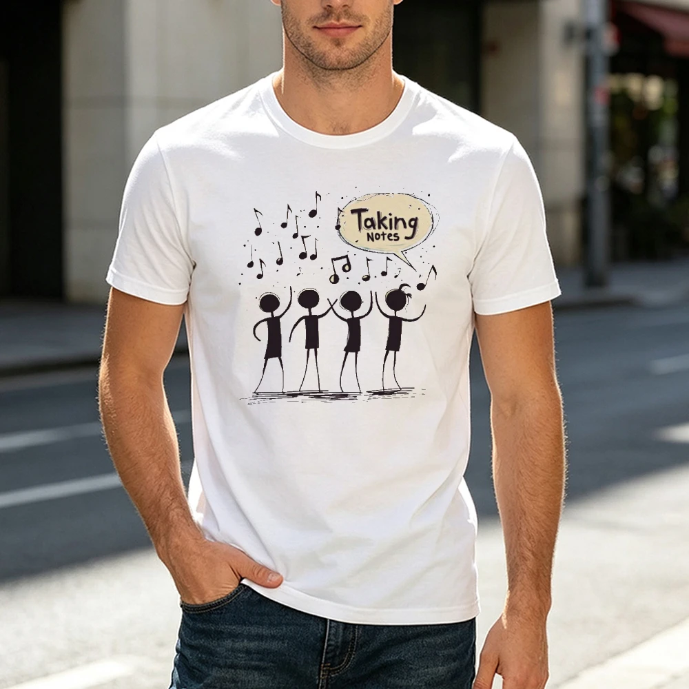 Taking Notes Dancing Stick Figures Men Unisex White T Shirt Funny Music Movement Graphic Tee Top Summer Party Shirt