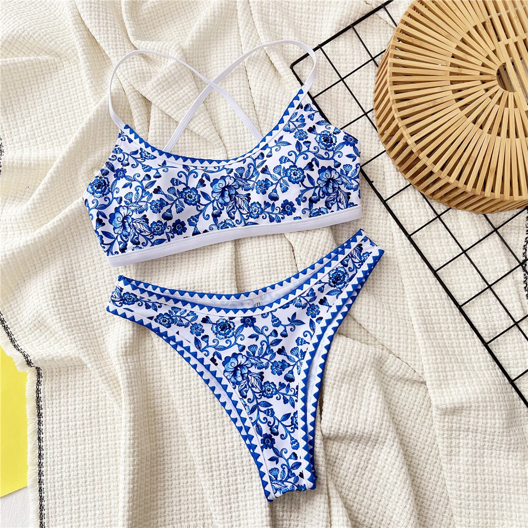 Sexy, mit Blumenmuster bedruckter, brasilianischer Bikini, Damen-Badeanzug, zweiteiliges Bikini-Set, gepolsterter Badeanzug, Badebekleidung, Modell V6705. – Detail 15