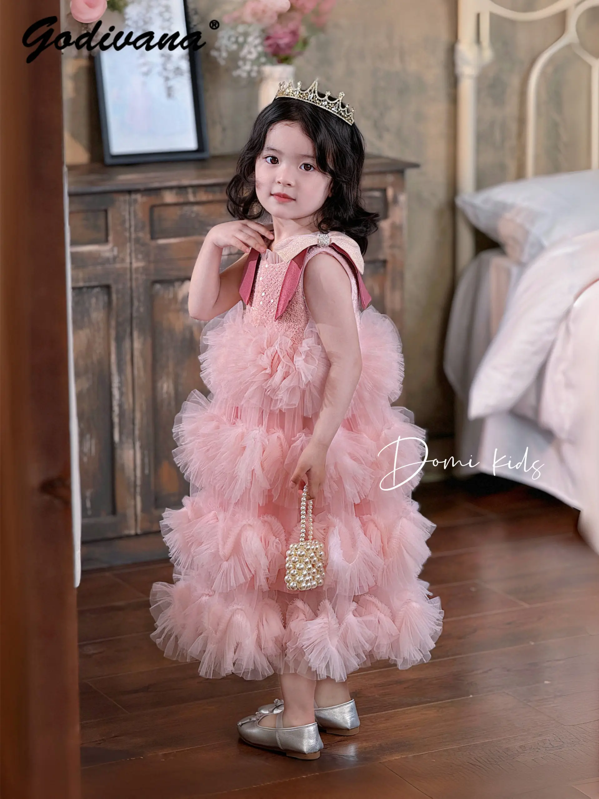 Sweet Baby Girls Spring and Summer High End Heavy Pink Princess Sundress Kids Sequin Mesh Bow Birthday Party Cake Tutu Dress