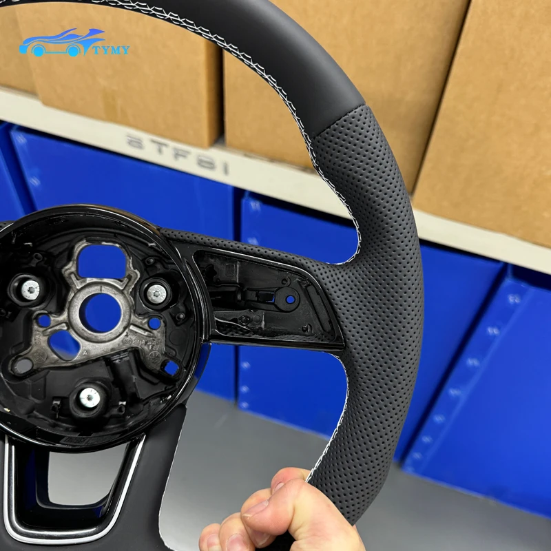 For Audi RS3 RS4 RS5 A3 A4 B9 A5 S3 S4 S5 2017-2020 flat-bottom sports perforated leather steering wheel, white stitching view 3