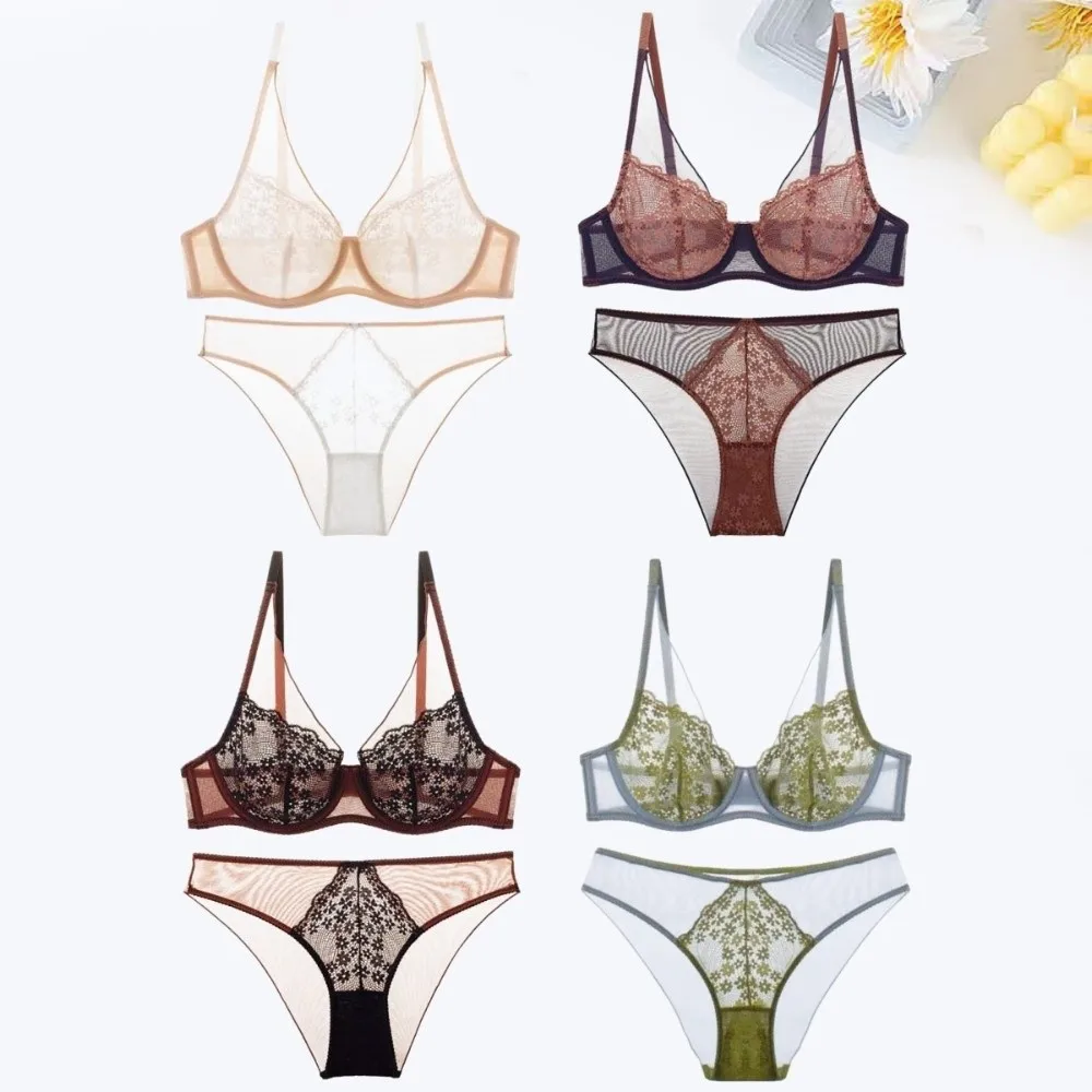 

Sweet Mesh Lace Flower Bra Set Brassiere Underwear Mesh Bra Panties Kit Thin Lingerie Push Up Bra Women Night Wear