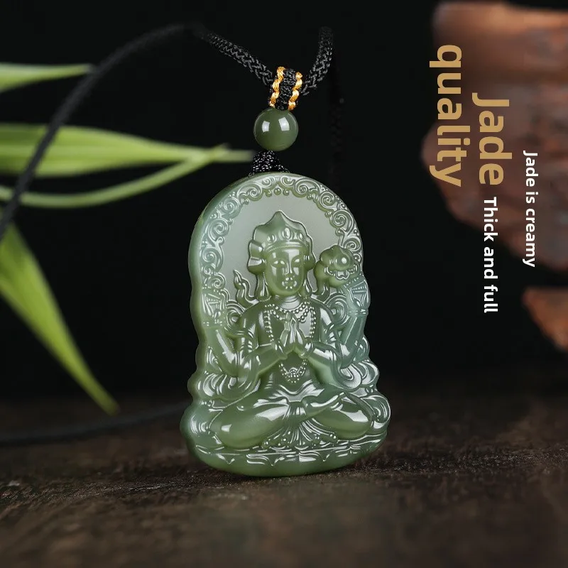 Natural Hetian Jade Four Arm Guanyin Pendant Chinese Style Good Luck Blessing Amulet Green Jade Carved Necklace For Men Spiritua