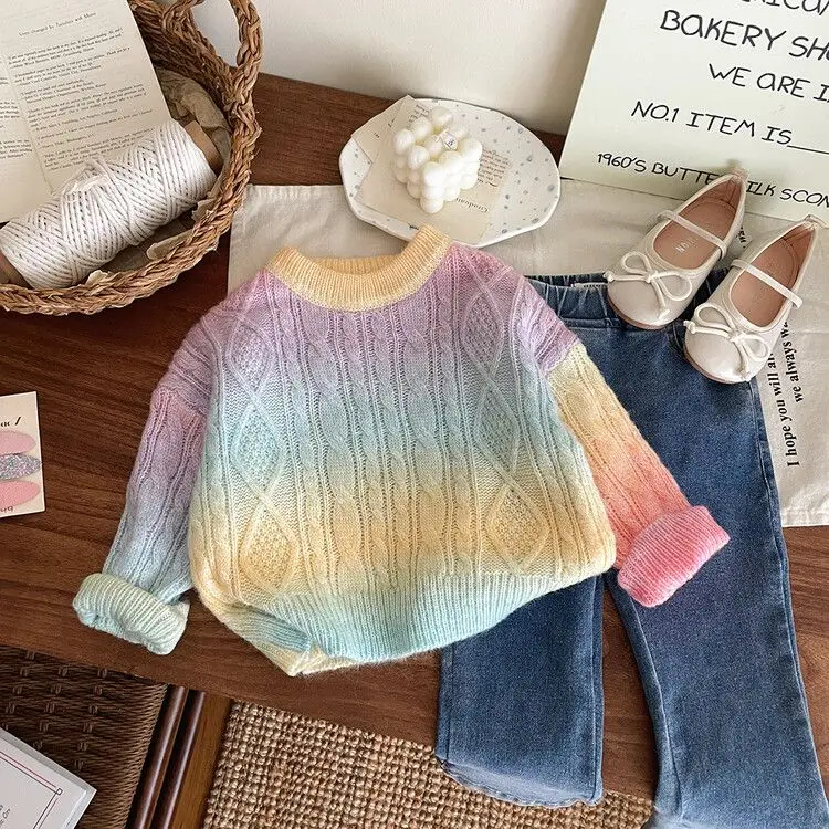 Girls Gradient Thickened Sweater 2024 Children Stylish Winter Korean Top Girls Rainbow Round Neck Knitted Sweater