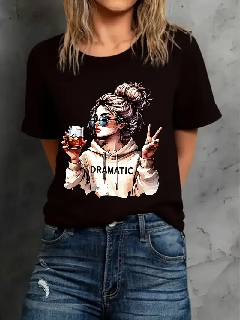 

Streetwear 90s Women'S Casual Graphic T-Shirt "Dramatic" Print with Wine Print Short Sleeve T Shirt Clothing Top Tee Aesthetic
