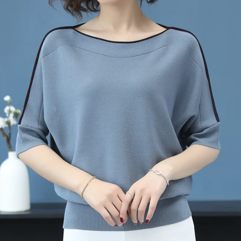 Summer Fashion Women Tops Knitted Solid Tshirt Ice Silk Pullover Short Sleeve Loose Tops Women\'s Clothing Thin Clothes New 14425